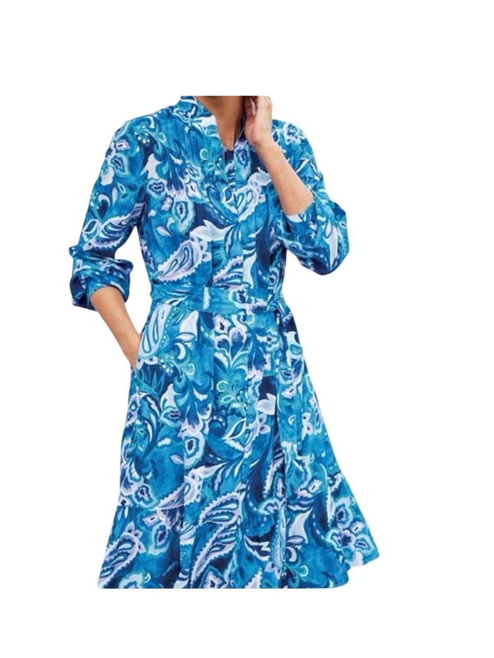 Soft Surroundings Blue Paisley Button-Front Shirt Dress with Belt
